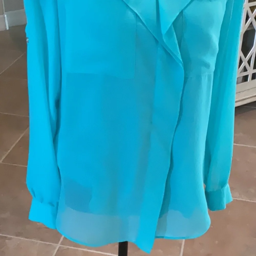 Calvin Klein ruffle front top, long sleeves, aqua blue, size XS - Picture 3 of 6